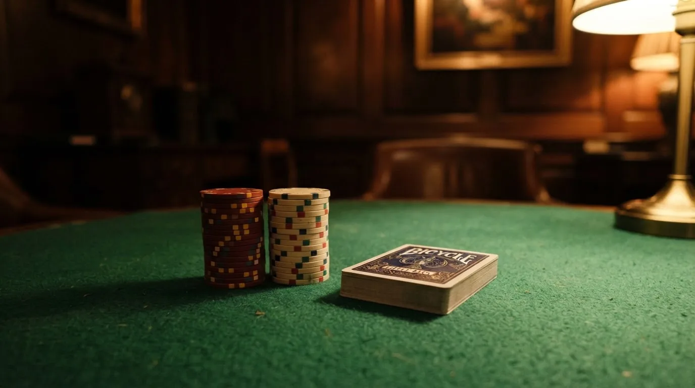 Kortlek och staplar av spelmarker på ett grönt filtbord i en dunkel salong, varmt lampsken — 10 euro casino i sverige