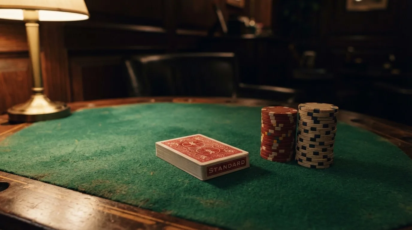 Kortlek och staplar av spelmarker på ett grönt filtbord i en dunkel salong, varmt lampsken — 10 free spins casino i sverige
