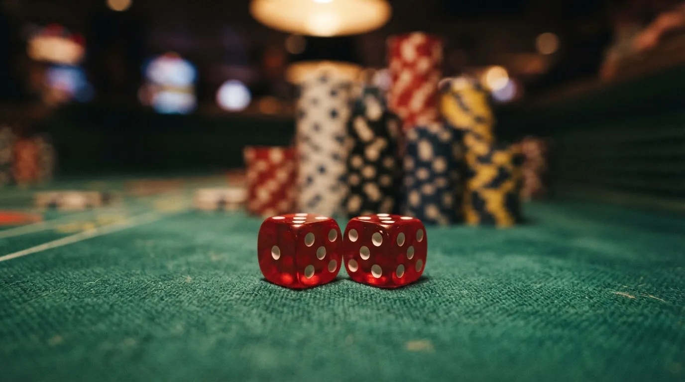 Röda tärningar vilar på grönt filt, bakom dem suddiga torn av spelmarker i kvällsdunklet — 10 kr casino i sverige