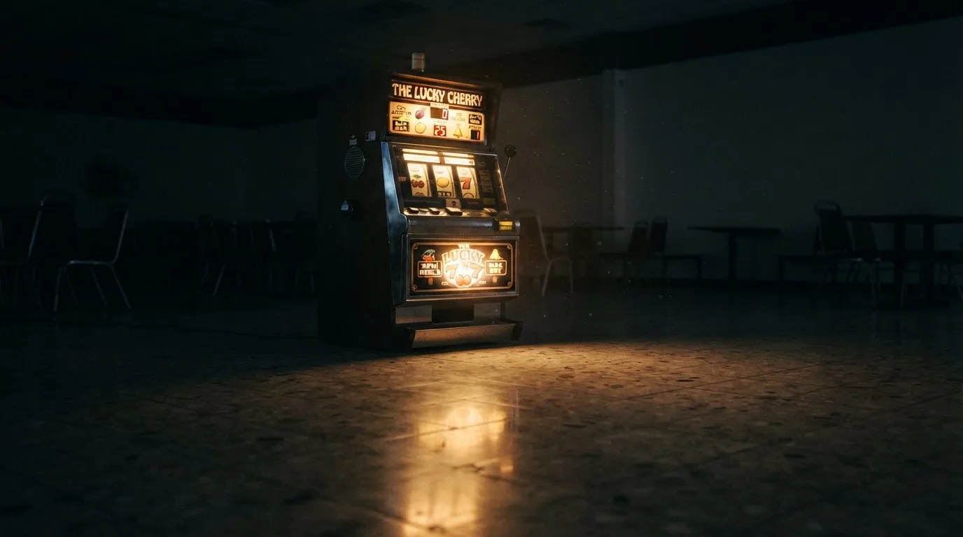 En gammal spelautomat lyser i den dunkla hallen och speglar sig i golvet — 100 free spins casino i sverige