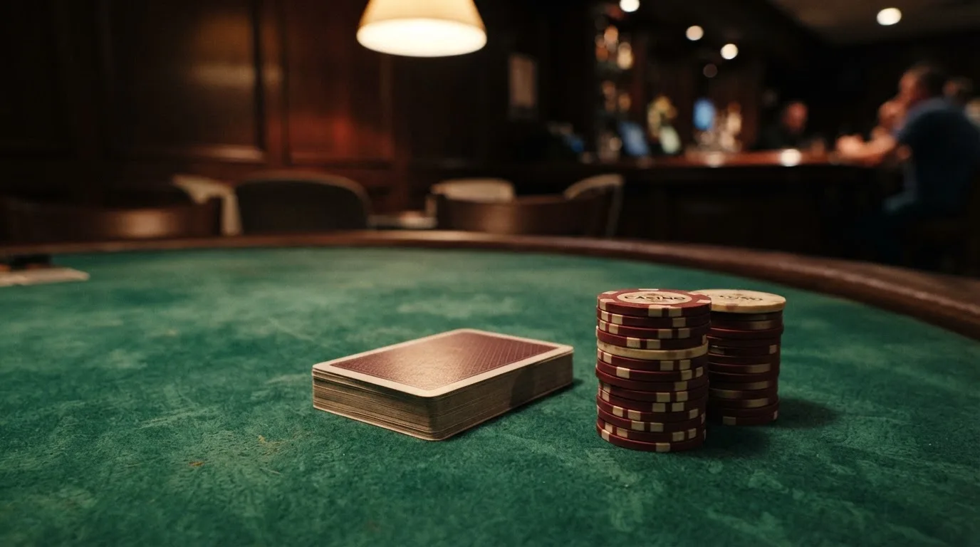 Kortlek och staplar av spelmarker på ett grönt filtbord i en dunkel salong, varmt lampsken — 150 free spins casino i sverige
