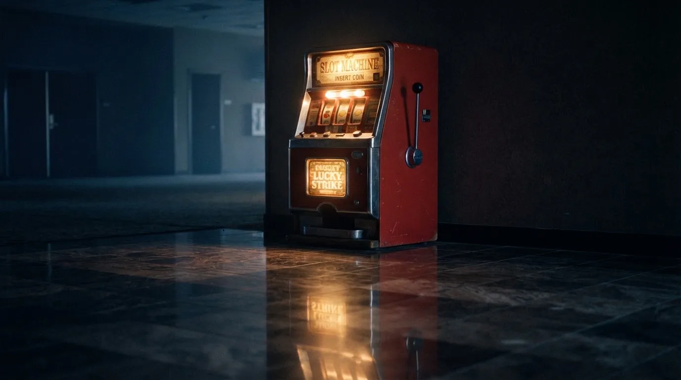 En gammal spelautomat lyser i den dunkla hallen och speglar sig i golvet — bästa kasino i sverige