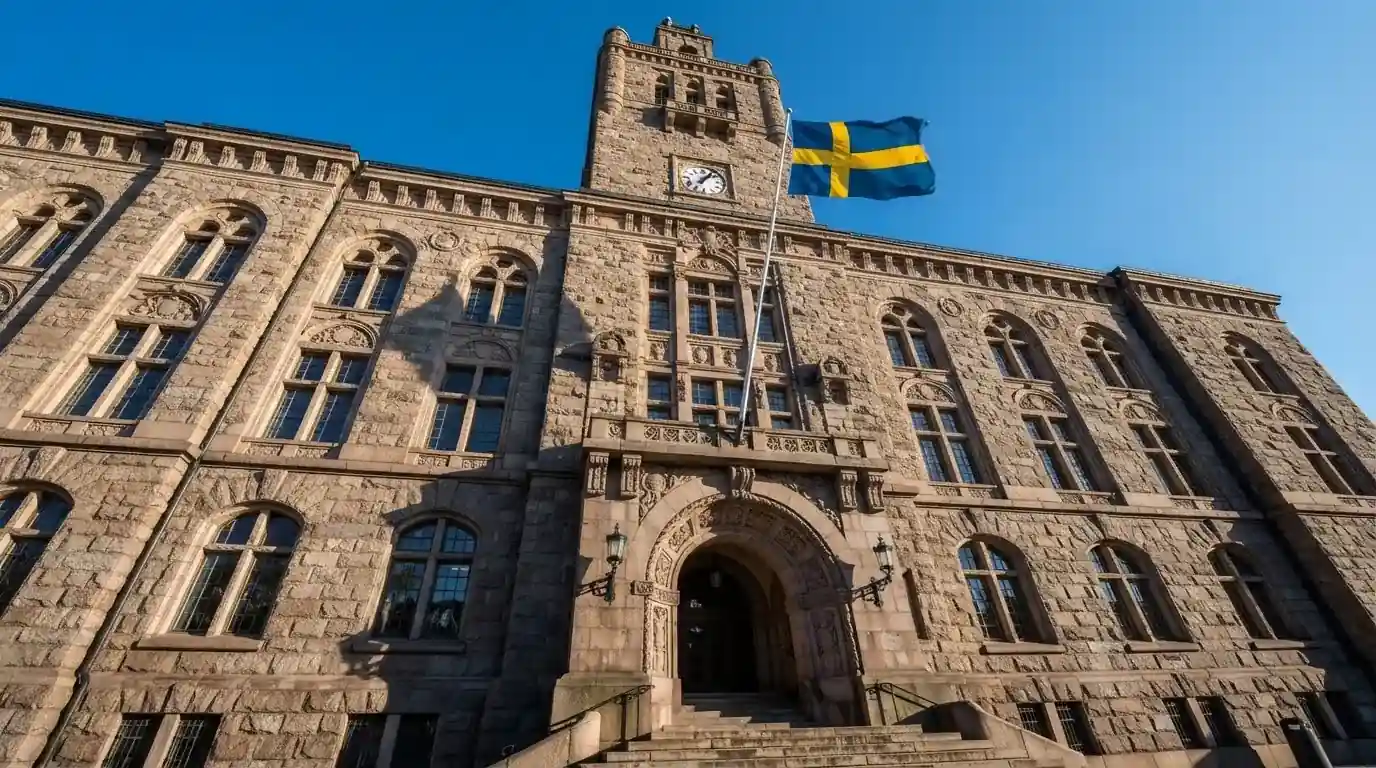 Ett gammalt stadshus i sten fotograferat underifrån mot en klarblå himmel, med den svenska flaggan som fladdrar ovanför entrén.