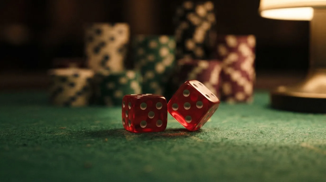 Röda tärningar vilar på grönt filt, bakom dem suddiga torn av spelmarker i kvällsdunklet — blackjack gratis i sverige