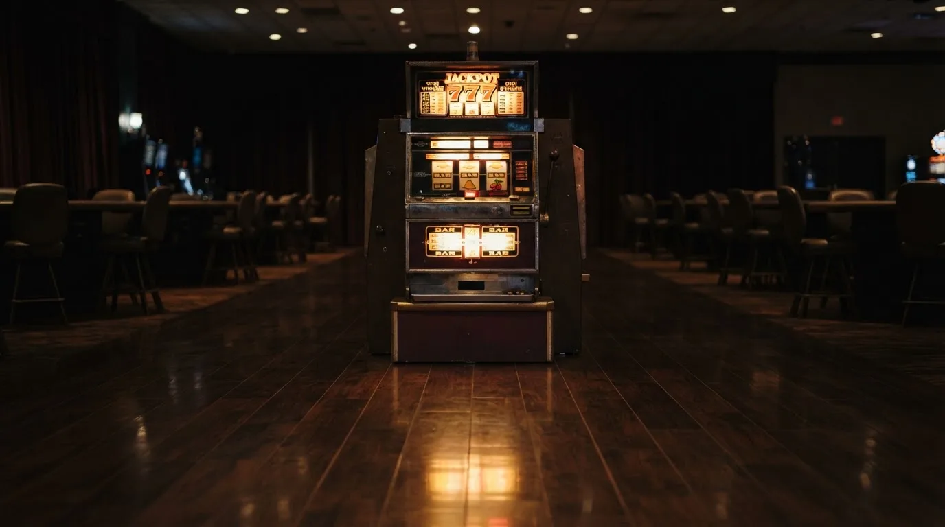 En gammal spelautomat lyser i den dunkla hallen och speglar sig i golvet — blackjack på nätet i sverige