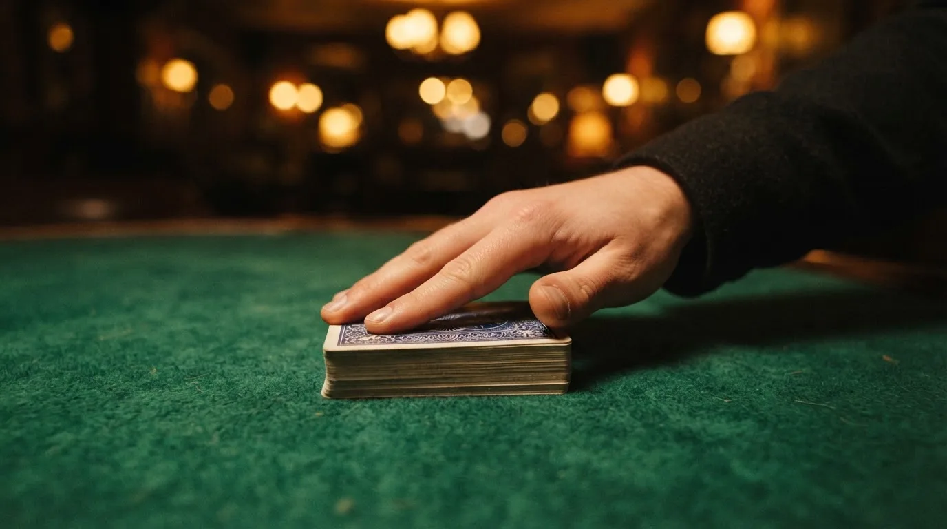 Händer som blandar en kortlek mot en suddig bakgrund av varma lampor — online blackjack i sverige