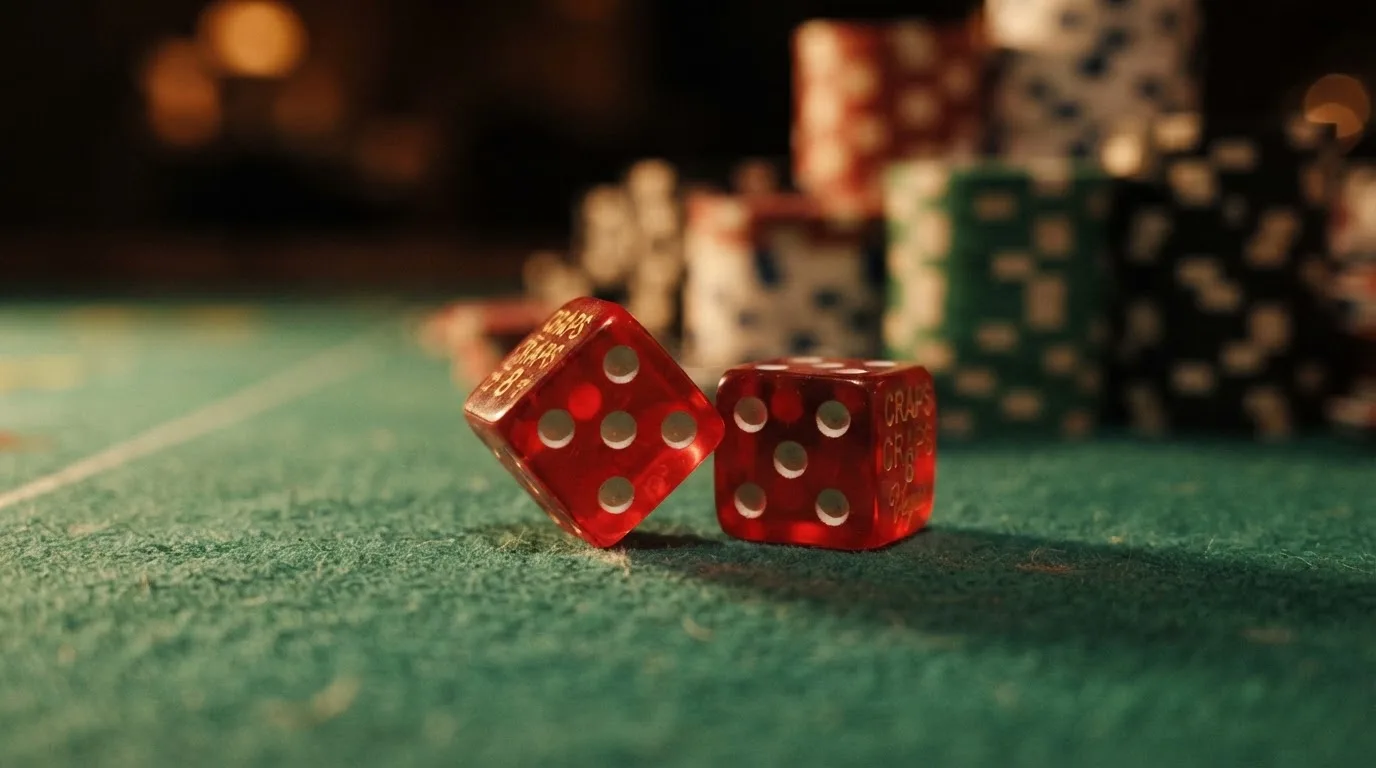 Röda tärningar vilar på grönt filt, bakom dem suddiga torn av spelmarker i kvällsdunklet — bra svenska casinon