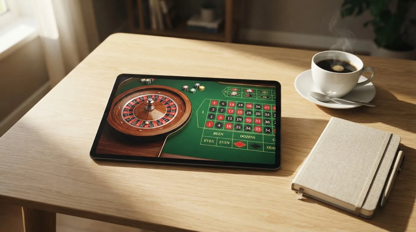 En person sitter vid ett skrivbord hemma med en surfplatta nedvänd bredvid en kopp kaffe i morgonljus.