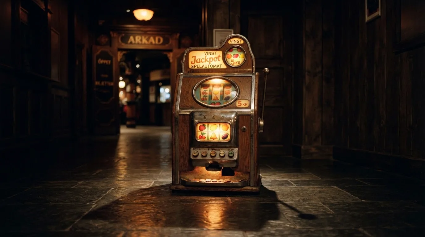 En gammal spelautomat lyser i den dunkla hallen och speglar sig i golvet — casinon med bankid i sverige
