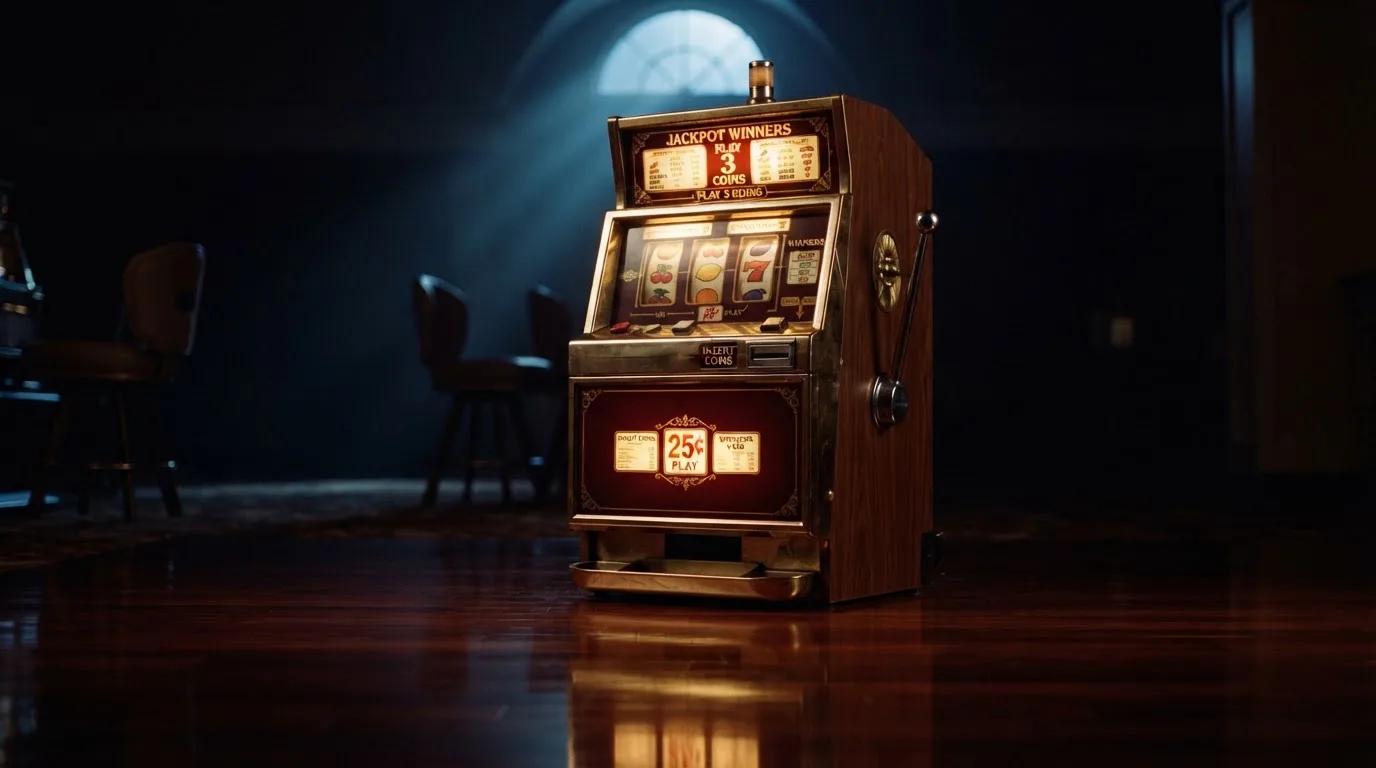 En gammal spelautomat lyser i den dunkla hallen och speglar sig i golvet — casinon med curaçao licens
