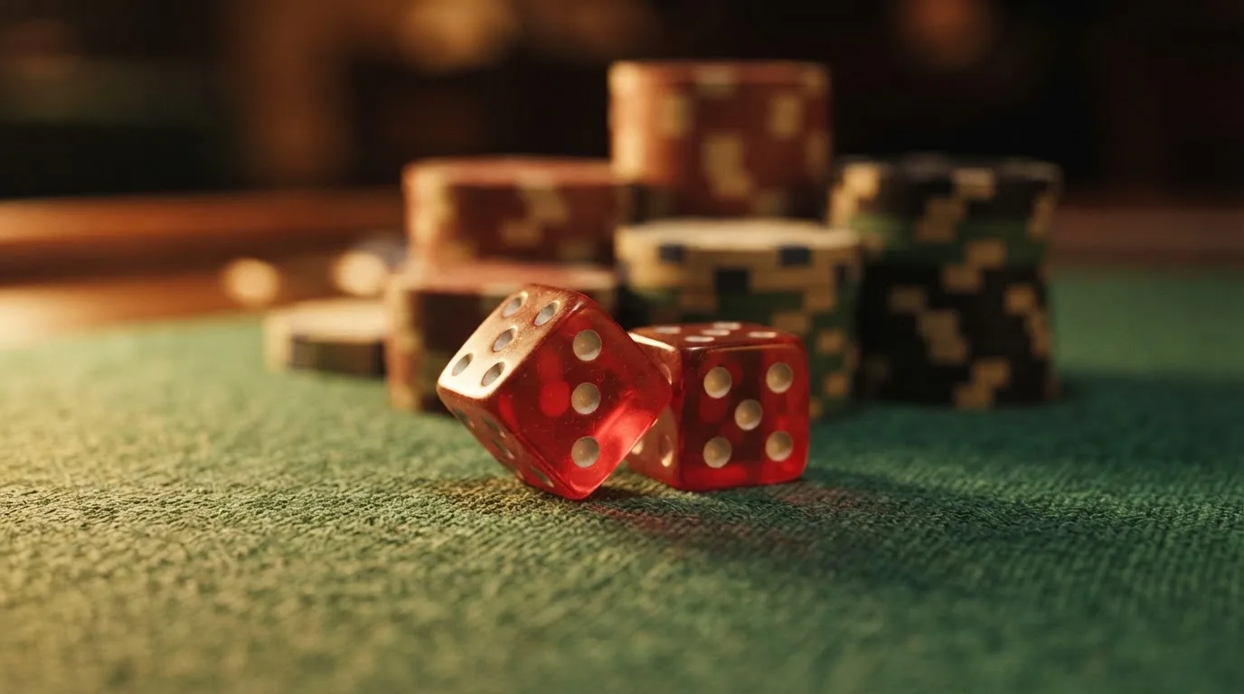 Röda tärningar vilar på grönt filt, bakom dem suddiga torn av spelmarker i kvällsdunklet — casinon med jackpot i sverige