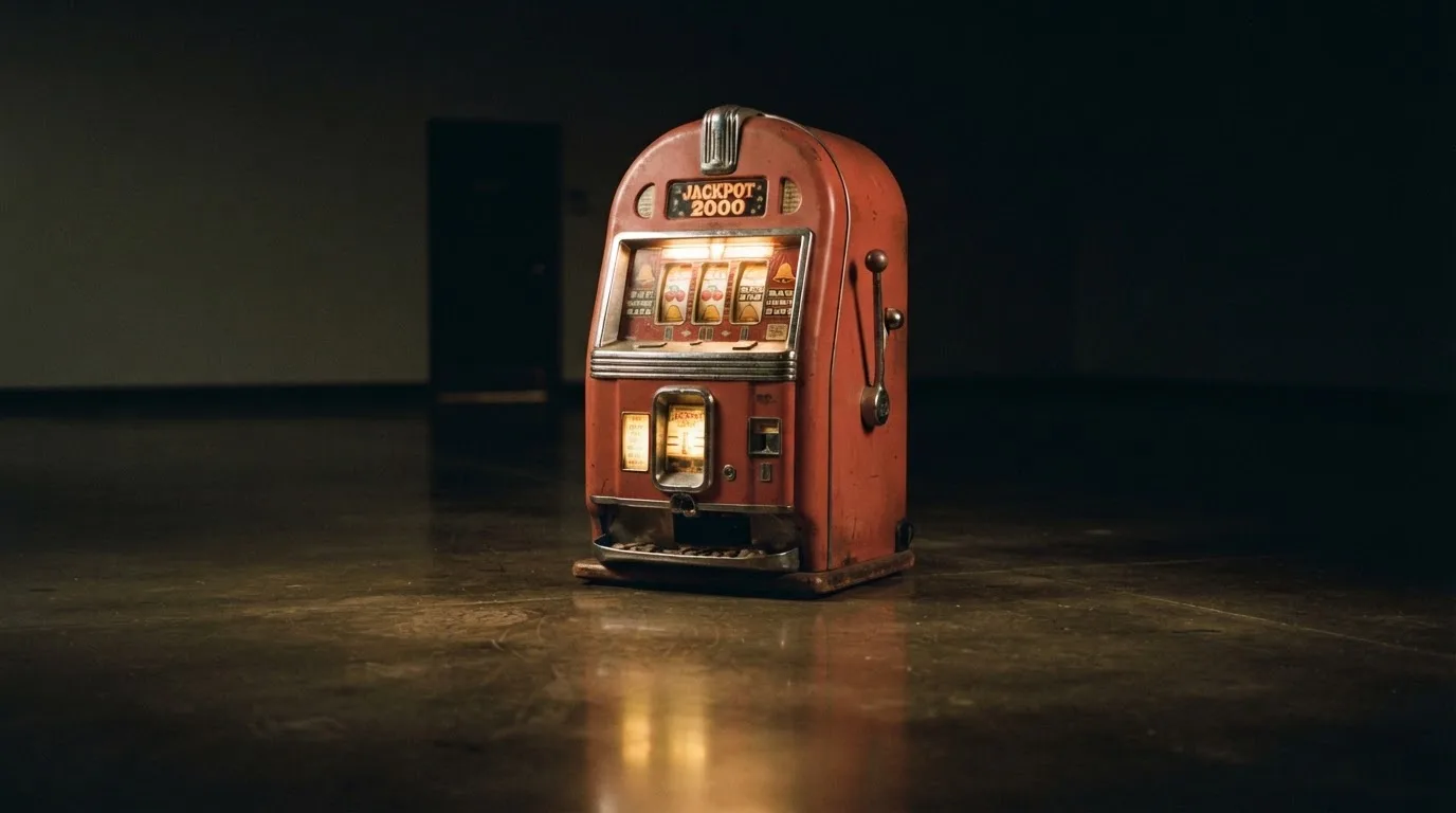 En gammal spelautomat lyser i den dunkla hallen och speglar sig i golvet — casinon med slots i sverige