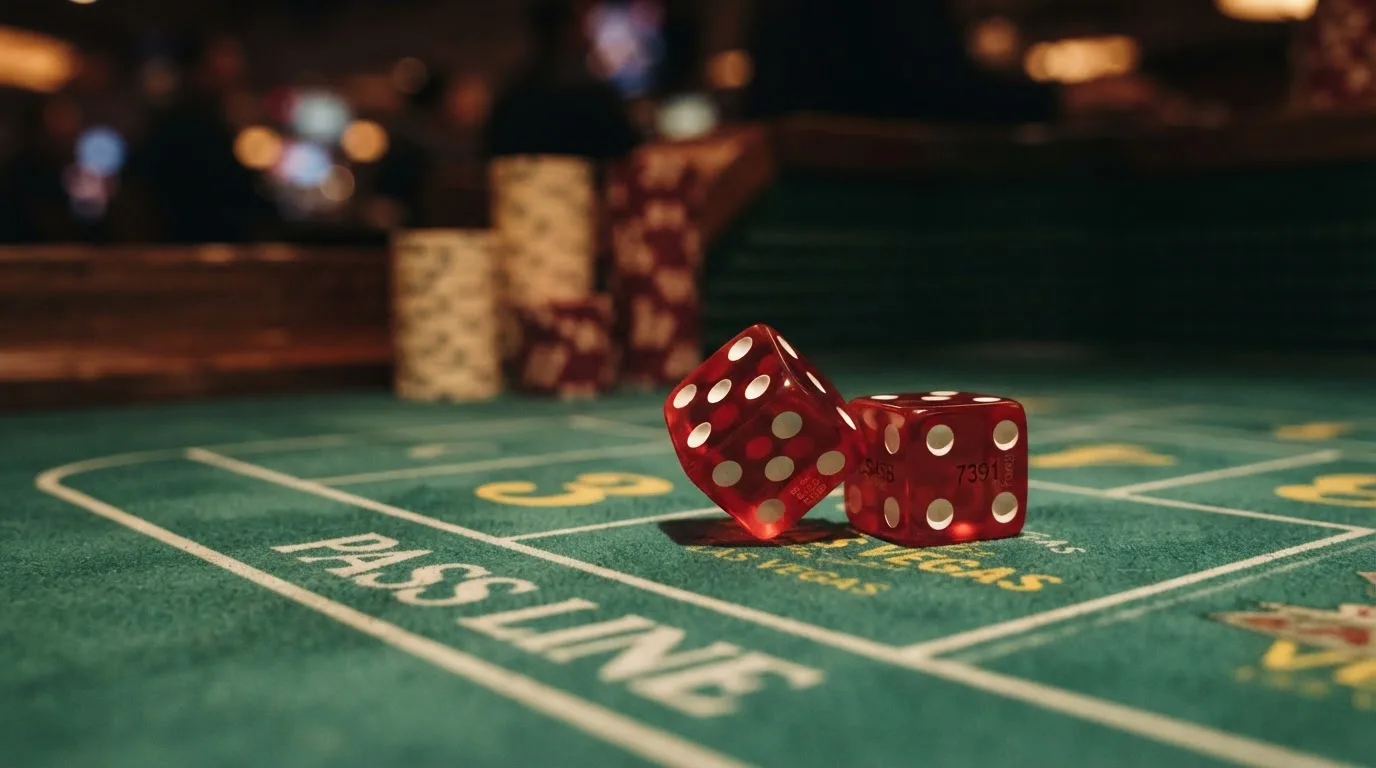 Röda tärningar vilar på grönt filt, bakom dem suddiga torn av spelmarker i kvällsdunklet — casinon med uttag i sverige