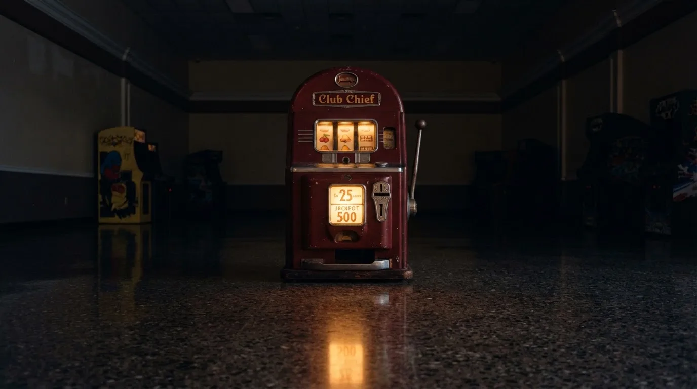 En gammal spelautomat lyser i den dunkla hallen och speglar sig i golvet — casinon utan bankid i sverige