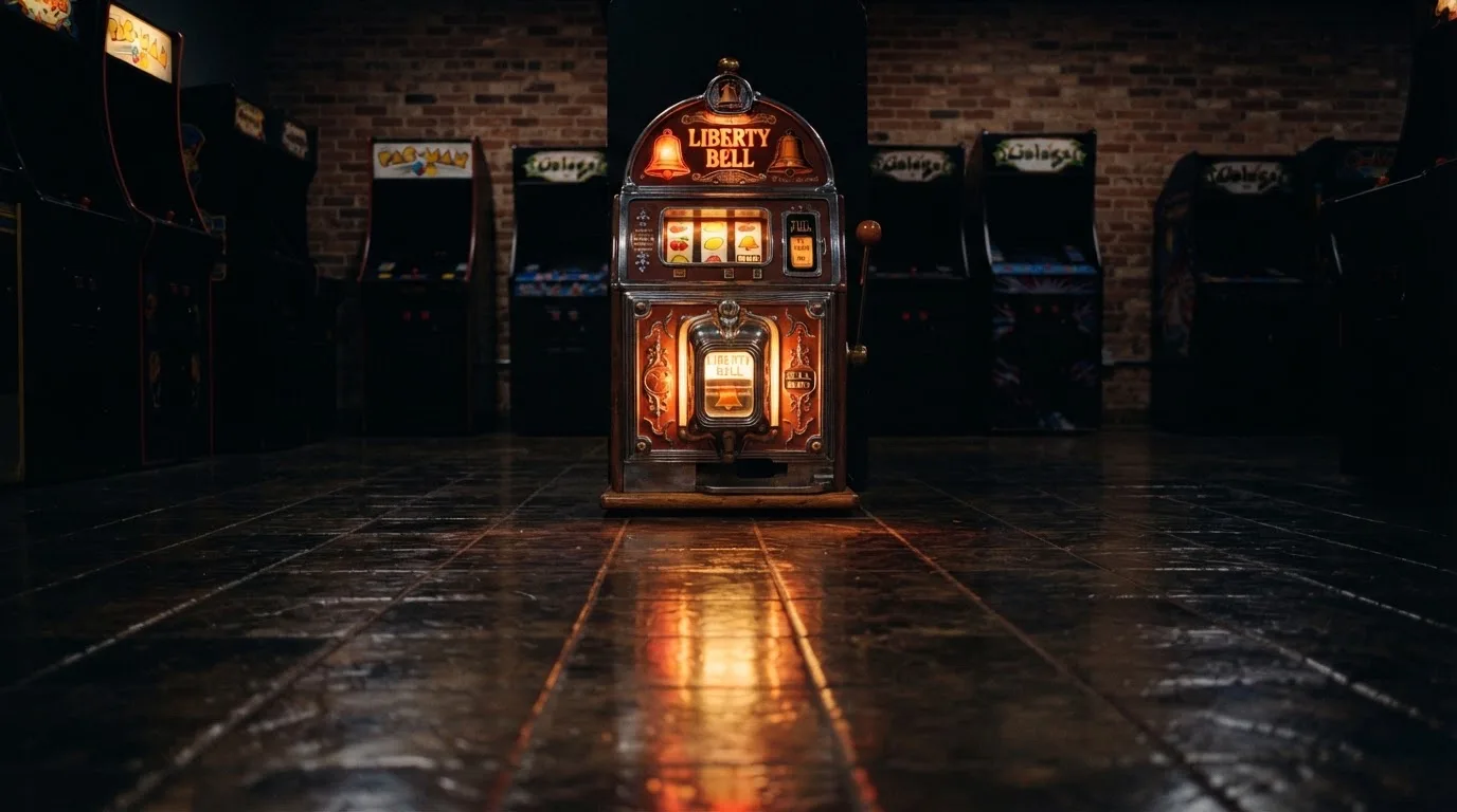 En gammal spelautomat lyser i den dunkla hallen och speglar sig i golvet — casinon utan spelgräns i sverige