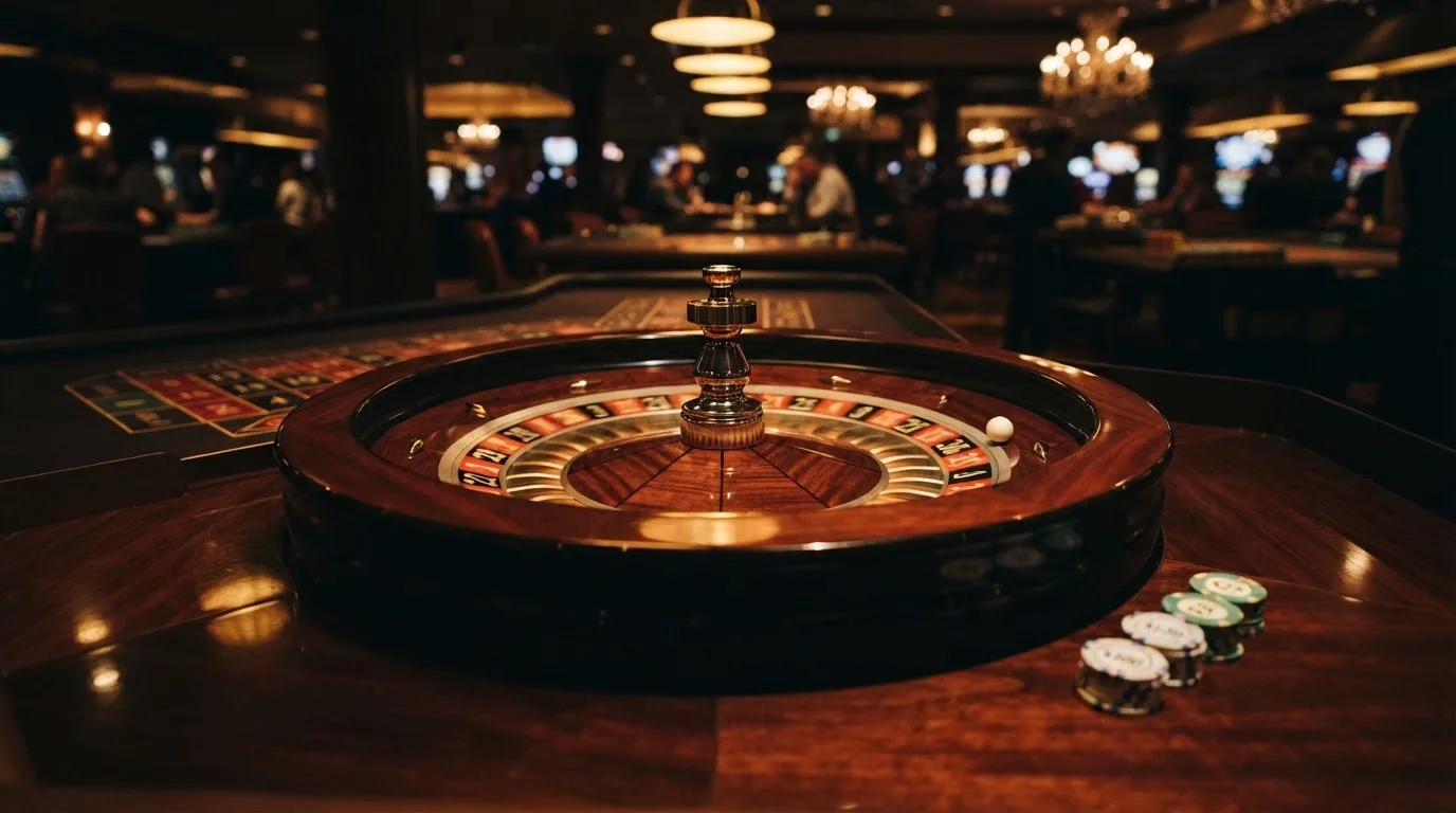 Ett roulettehjul snurrar på ett blankt träbord, den vita kulan glimmar i takljusets guld — online blackjack i sverige