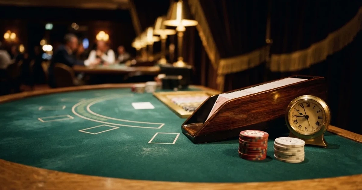 Grönt filt och en lång kortlåda av trä vid bordskanten, bredvid en blank mässingsklocka — online blackjack i sverige