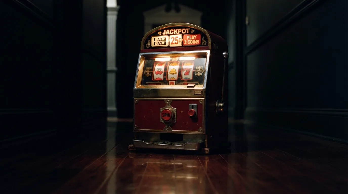 En gammal spelautomat lyser i den dunkla hallen och speglar sig i golvet — svenska casinon med bitcoin