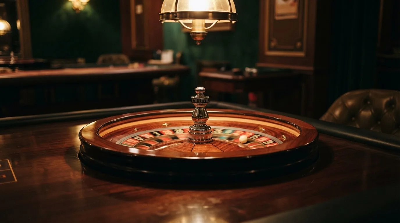Ett roulettehjul snurrar på ett blankt träbord, den vita kulan glimmar i takljusets guld — svenska casinon med dogecoin